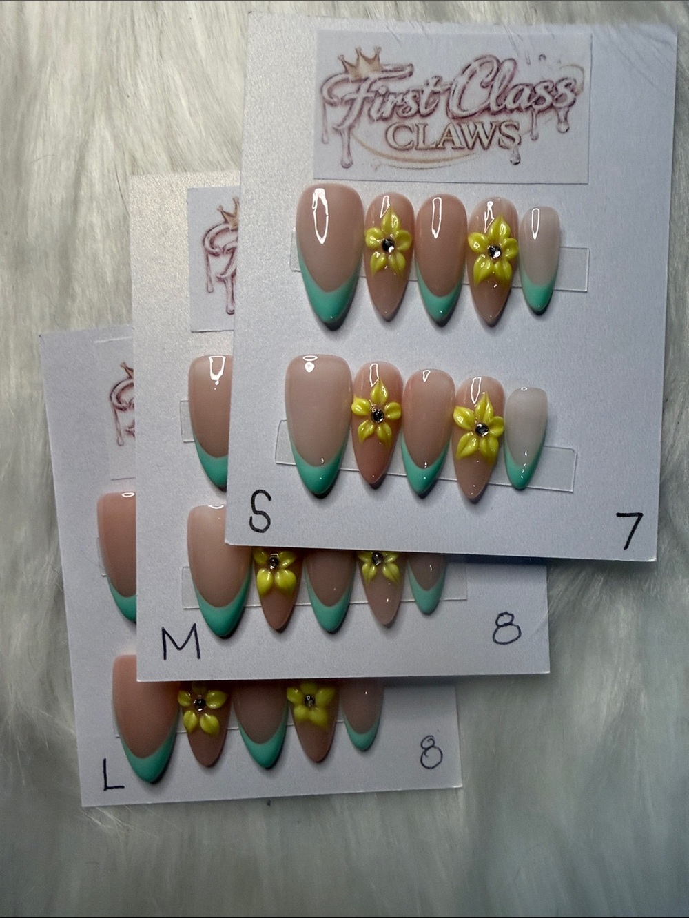 Nude & Mint Press-On Nails with Yellow Floral Accent